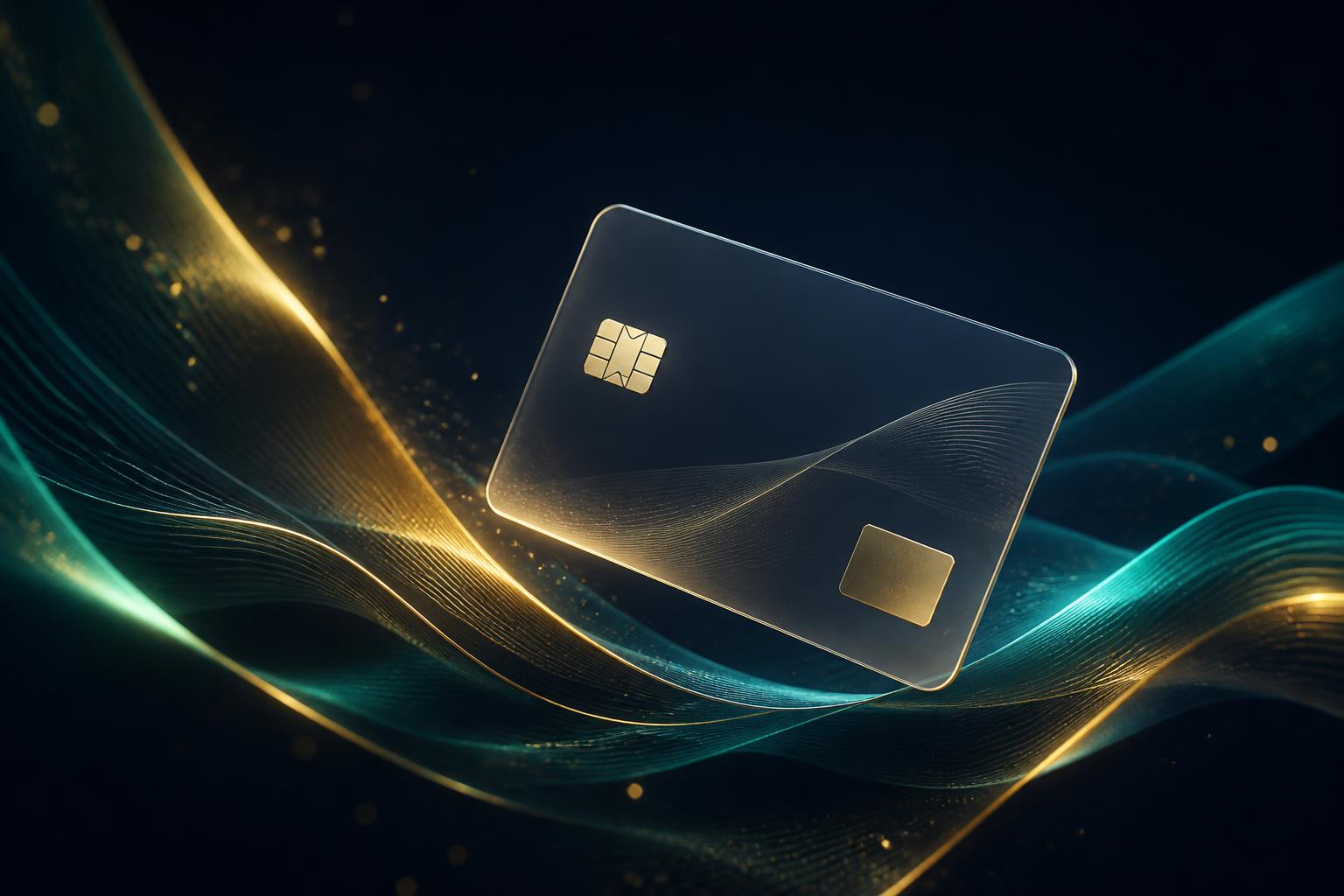 Skinfullbank card floating over emerald and gold light trails